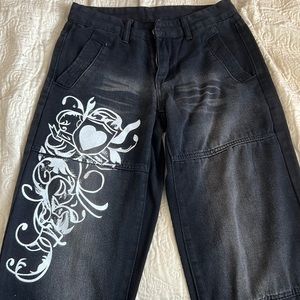 Black Washed Design Baggy Jeans